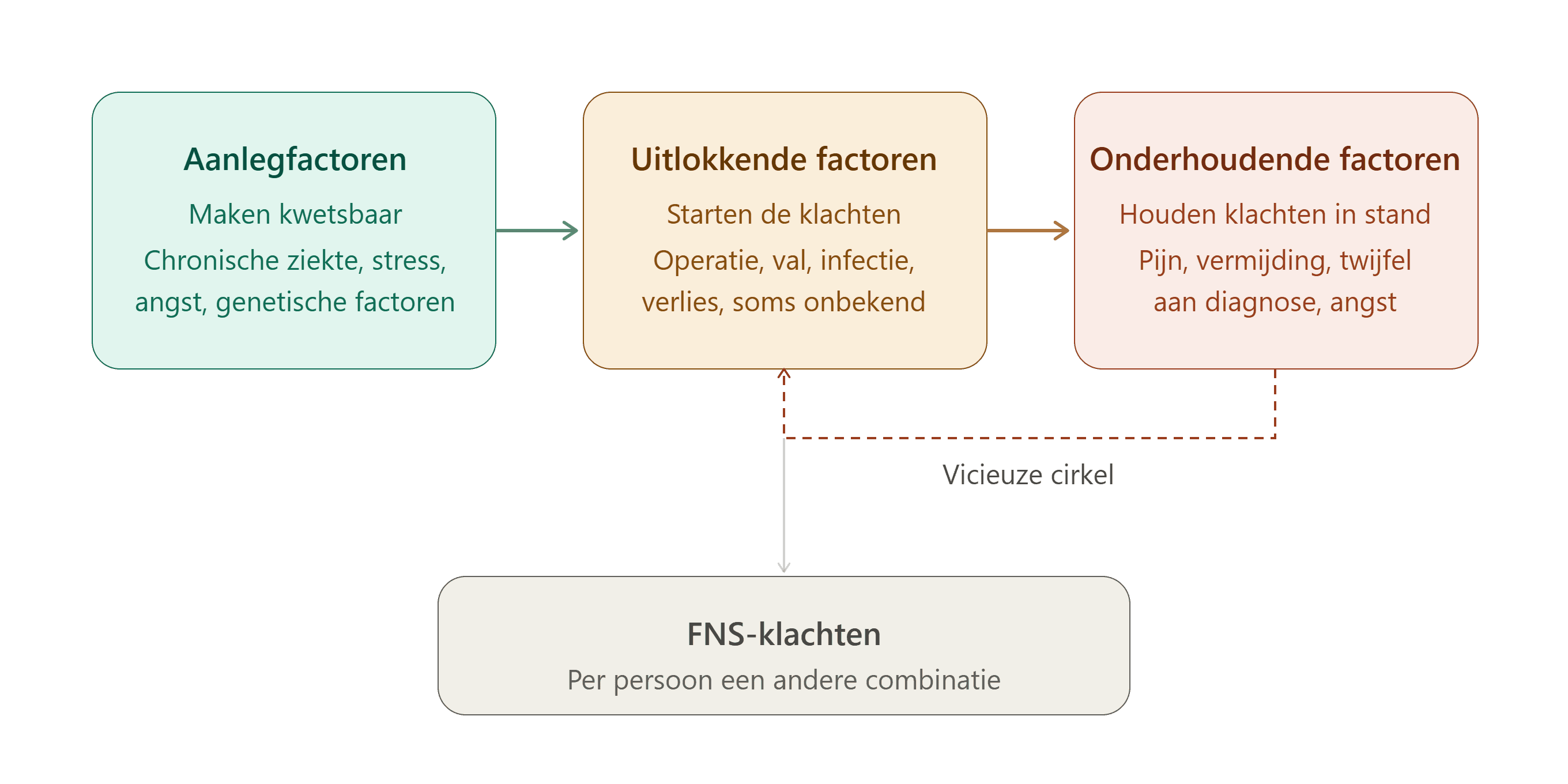 Schema van aanlegfactoren, uitlokkende factoren en onderhoudende factoren die samen tot FNS-klachten leiden, met een vicieuze cirkel tussen uitlokkende en onderhoudende factoren.